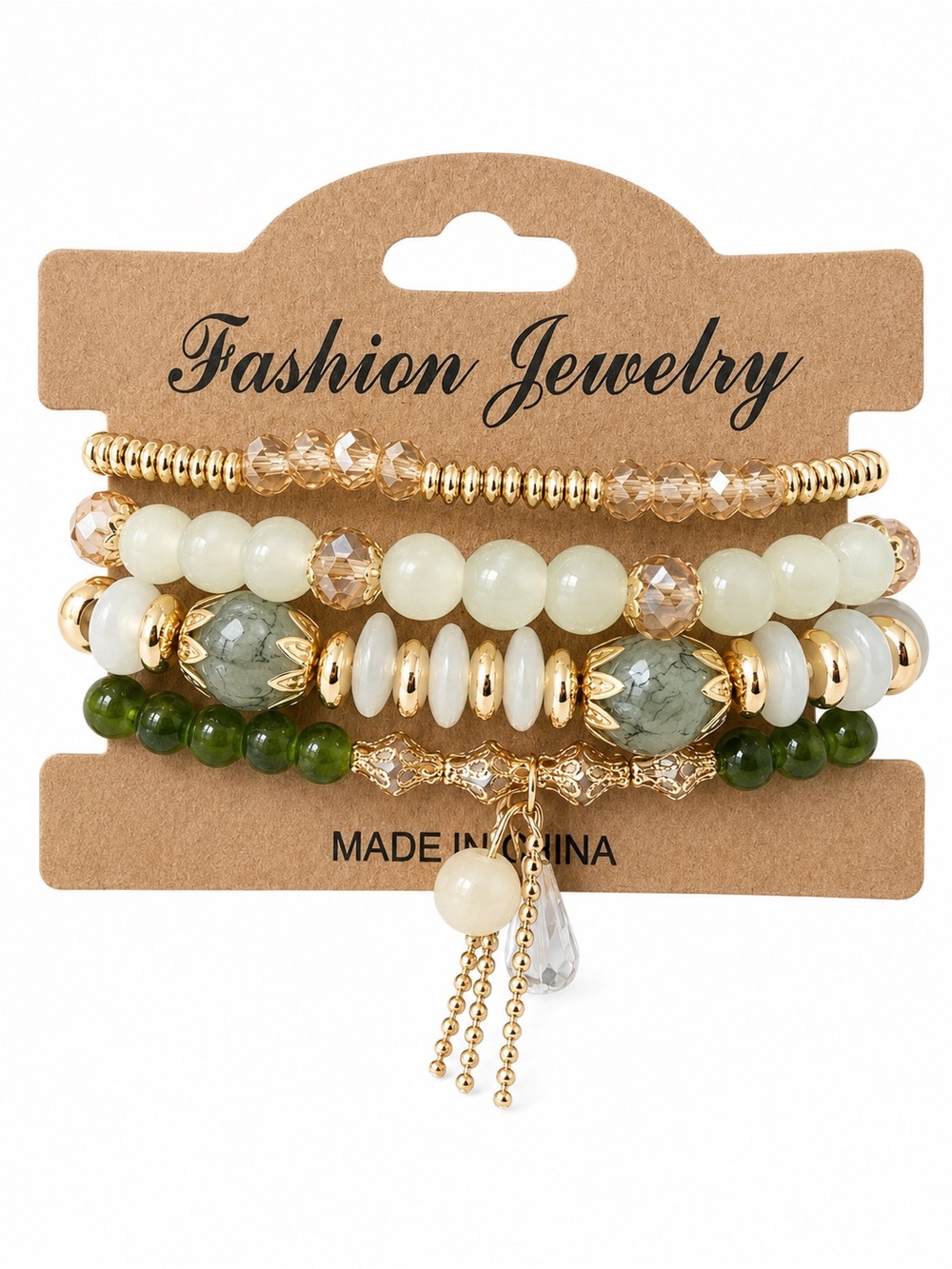 Boho Green Beaded Bracelet Stack Gold Tone Crystal Charm Layered Stretch Set